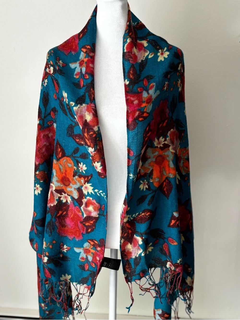 H&M Teal Floral Open-Front Shawl with Fringe